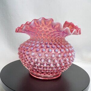 Fenton Cranberry Pink Opalescent Hobnail Vintage Vase Double Crimped Ruffle 5"